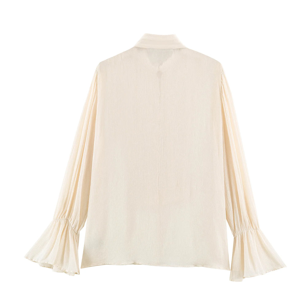 Stand collar knotted button flare sleeve blouse back view