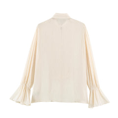 Stand collar knotted button flare sleeve blouse back view
