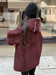 Fur Hooded Contrast Color Thick Coat