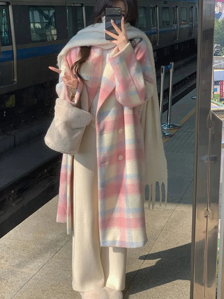 Rainbow Woollen Loose Plaid Long Coats Female Trench Jacket