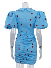 Puff Sleeve Ruched Mini Dress with Collar