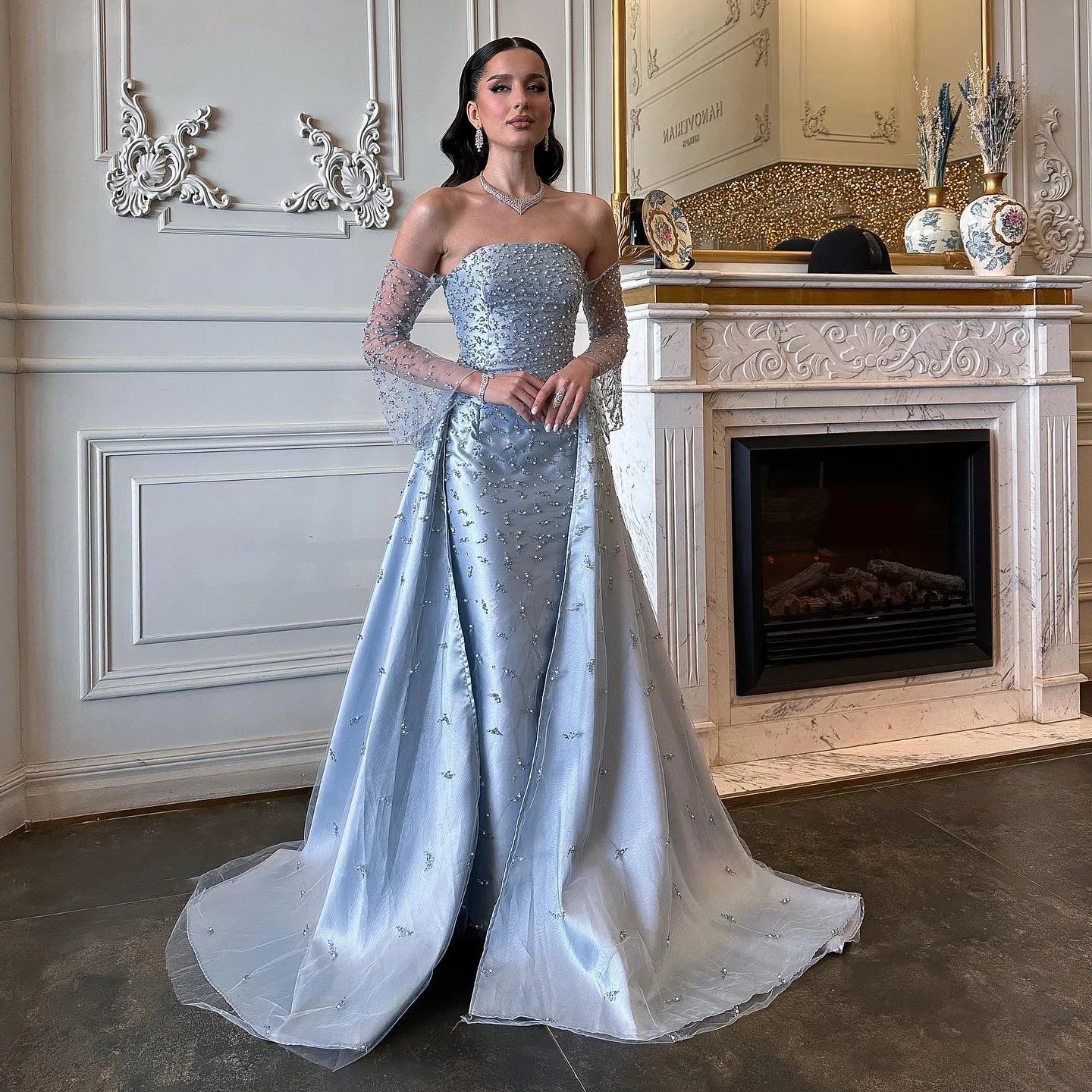 Silver Gray Luxury Dubai Evening Dress with Overskirt  Woman Wedding Party Elegant Prom Formal Gowns  Golden Atelier 1