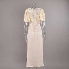 Lace Sheer Patchwork Satin Puff Sleeve Maxi Dress