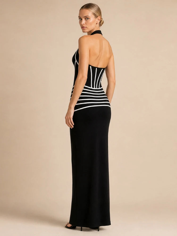 Striped Halter Neck Maxi Dress