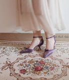 Silk Embroidered Purple Pumps High Heels Ankle Strap Sandal Shoes