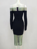 Crystal Hollow Fishing Net Design Long Sleeve Off Shoulder Black Dress