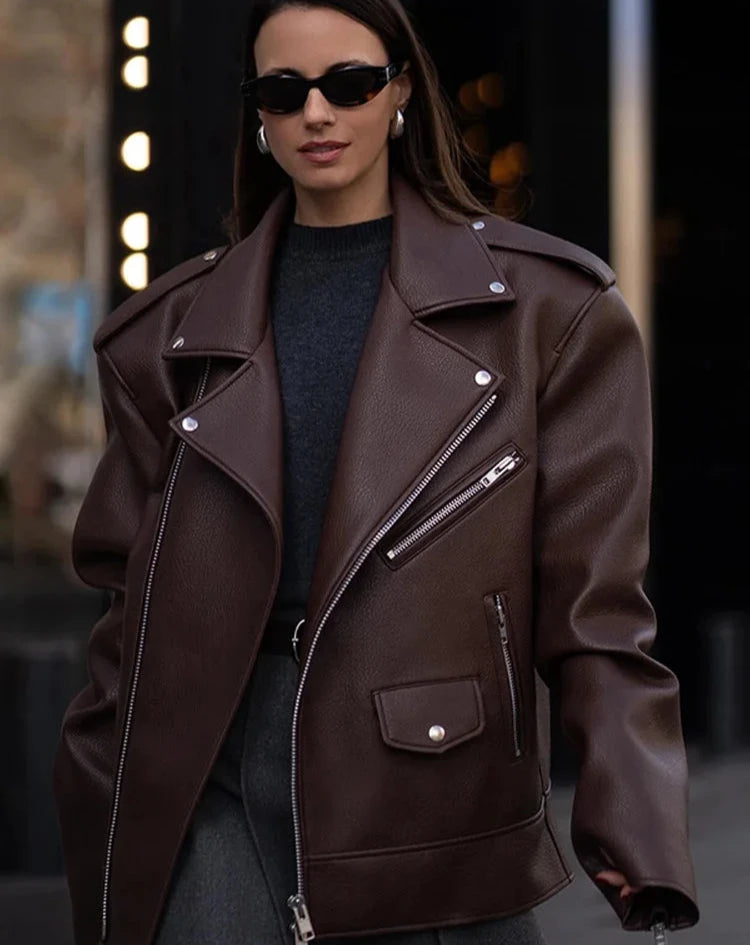 Woman wearing a Full Sleeve Locomotive Zippers Leather Jacket 