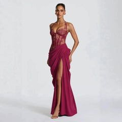 Lace Halter Neck Corset Drape Waist High Slit Maxi Dress