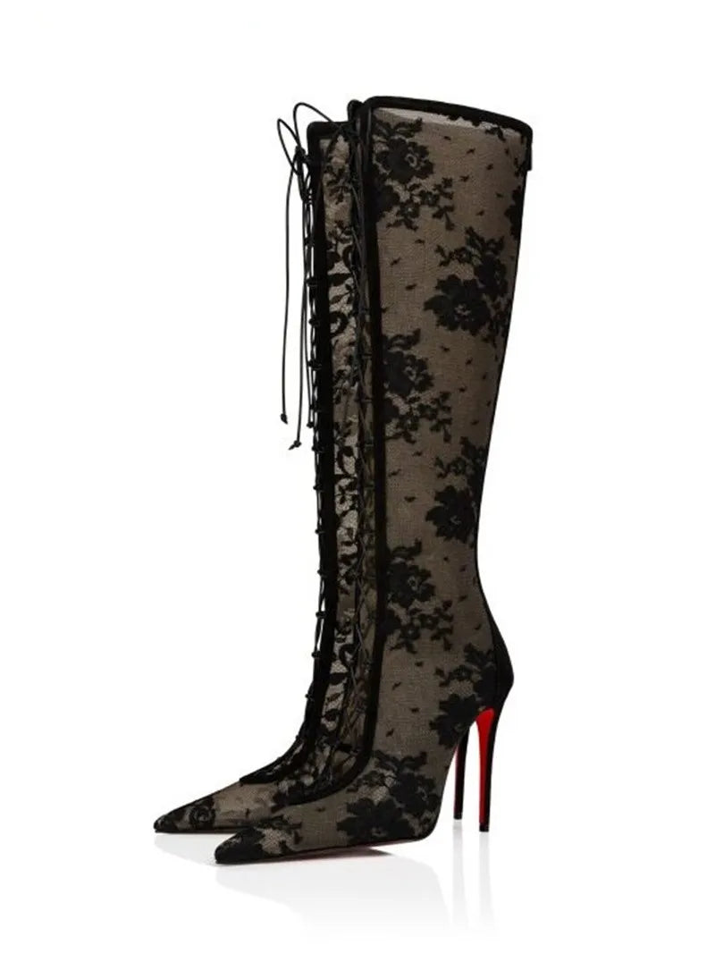 Lace Up Stiletto Knee High Boots