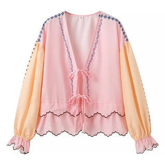 Contrast Puff Sleeve V-Neck Lacing Up Bow Wave Line Hem Top