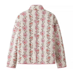 Pink Flower Print Stand neck Quilted Jacket Retro Outerwear