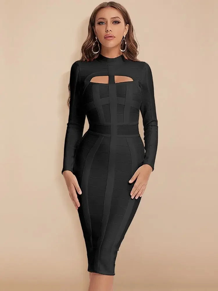 Black dress with cut-out design on a beige background