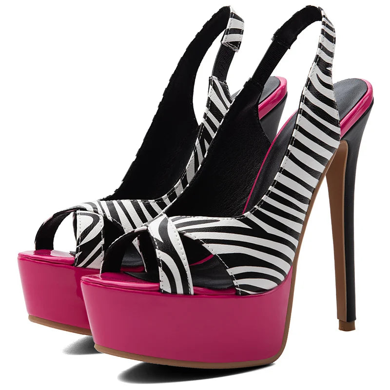 Zebra print stiletto heel platform sandal angled view