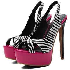 Zebra print stiletto heel platform sandal angled view