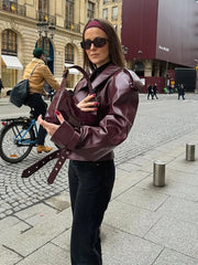 Woman wearing a Braid Lapel Cropped Leather Jacket