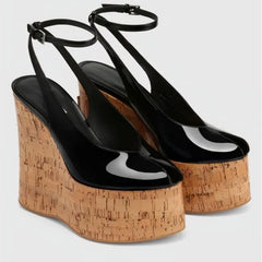 Black patent wedge platform heels with peep toe and ankle strap