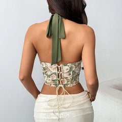 Green Floral Corset Halter Crop Top