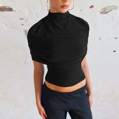 Black draped turtleneck short sleeve cropped top