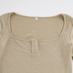 Beige Knit Square Neck Flare Sleeve Mini Dress
