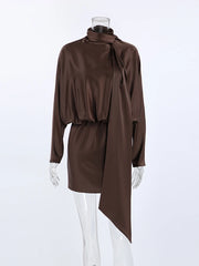 Brown Satin Turtleneck Draped Mini Dress