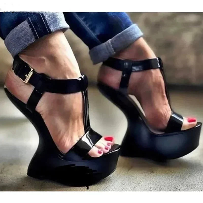 Black patent platform wedge ankle strap heels