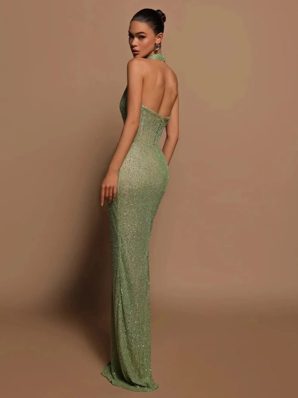 Halter Deep V Neck Green Sequined Long Dress