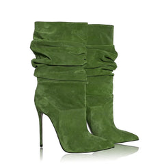 Pair of green faux suede pleated stiletto heel knee high dress boots