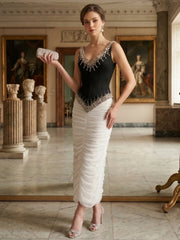 Beaded V-Neck Top and Ruched Skirt Set
