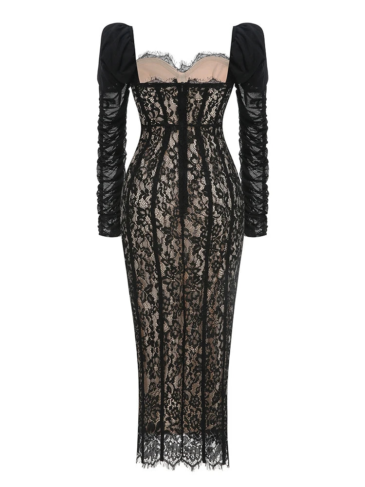 Black lace dress with long sleeves on a white background