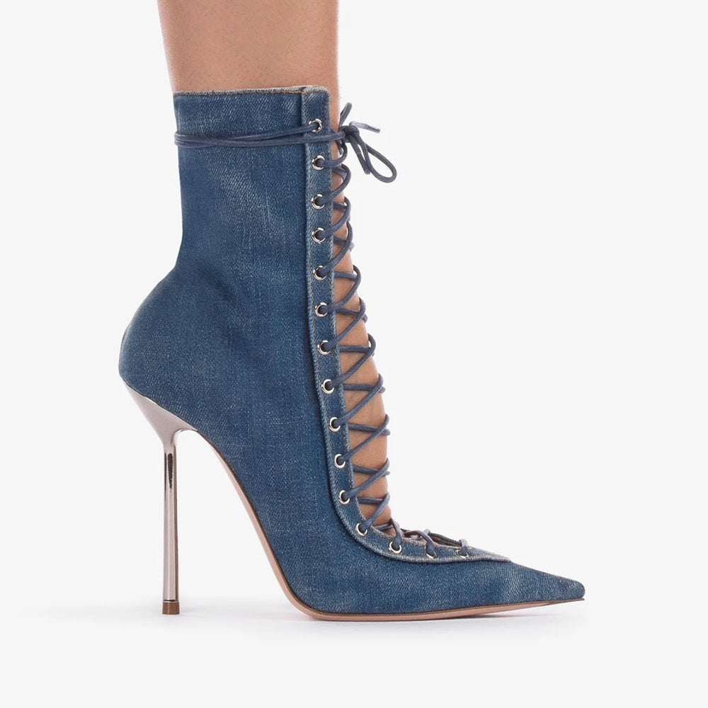 Denim lace-up ankle boots with stiletto heel