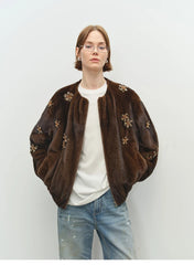 Beaded Brown Faux Fur Bomber Jacket