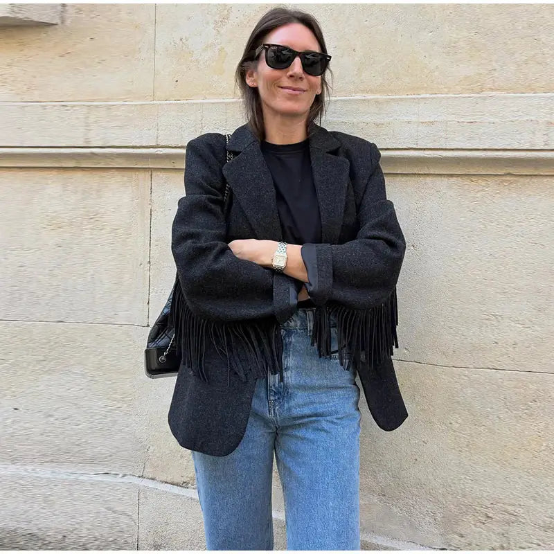  tassel sleeve blazer styled with casual denim