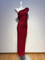 Red One Shoulder Diamond Embellished Maxi Dress