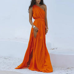 Solid Split Pleated Bandage Long Dress