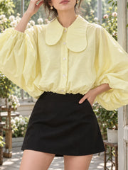 Lapel Collar Lantern Sleeve Blouse