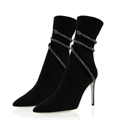 Black Crystal Rhinestone Wrap Strap Ankle Boots