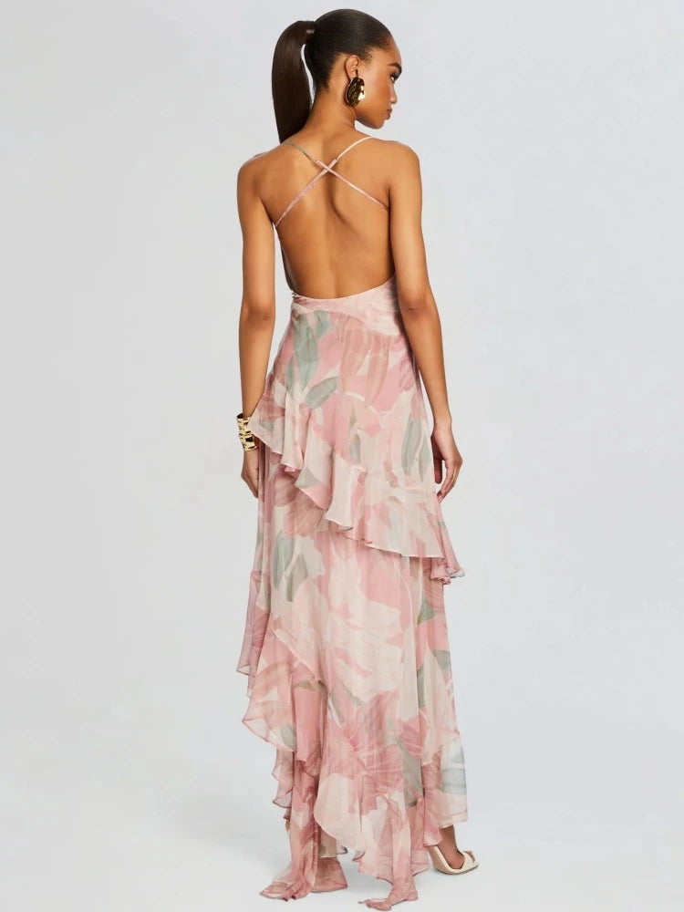 Spaghetti strap floral print ruffle high-slit asymmetrical hem maxi dress back view