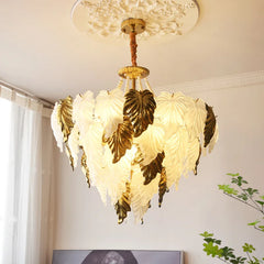 Decorative chandelier with leaf design in a room setting