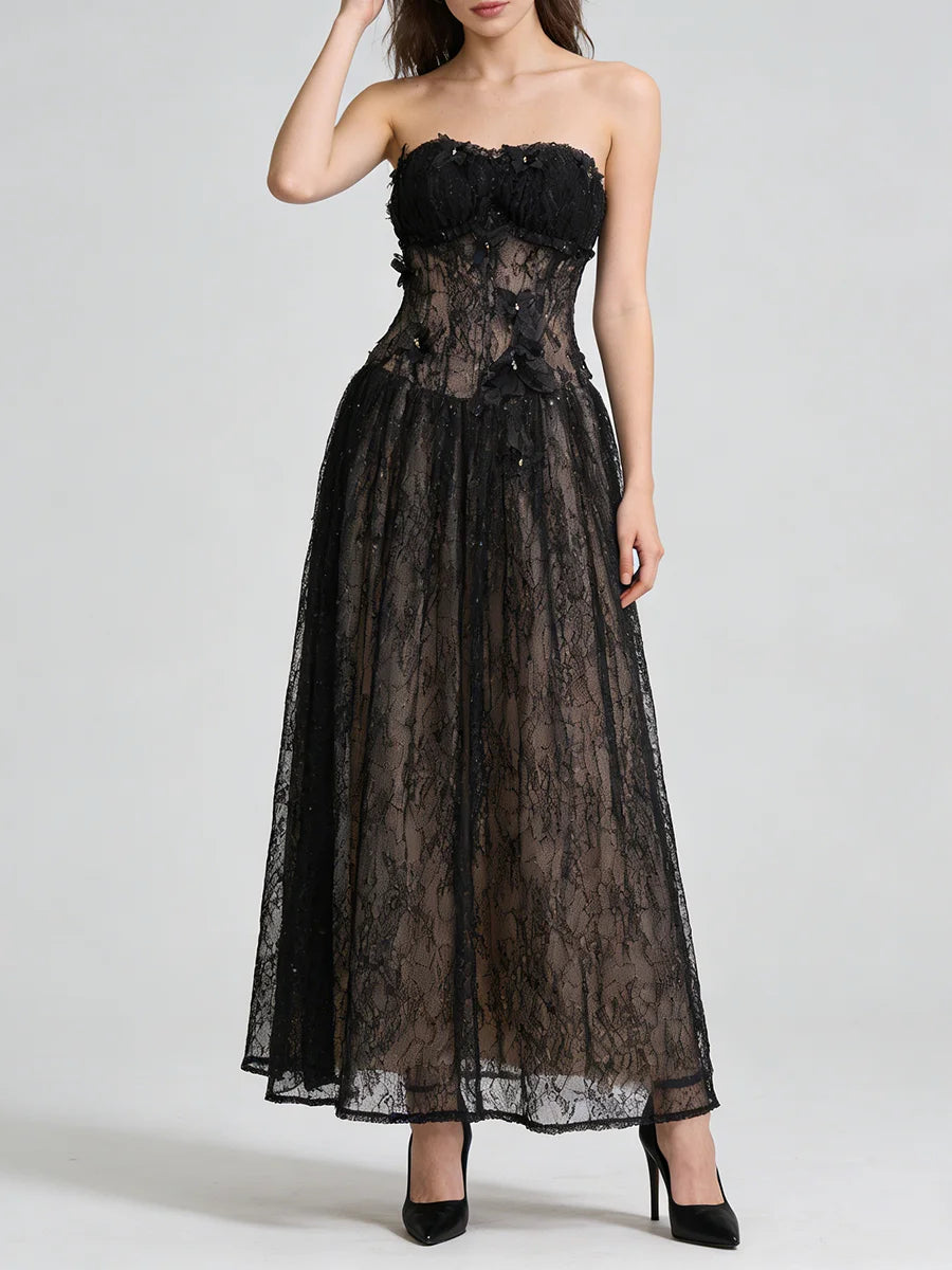 Black lace strapless gown on a white background