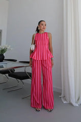 Rose Red striped peplum top and wide leg pants set detail