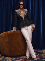 Deer Fur Trim Turn Down Collar Two Button Jacket