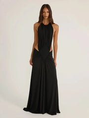 Halter ruched open back maxi dress front view