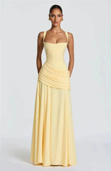 Square Neck Drape Waist Floor-Length Dress