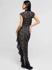 Mesh Lace Ruffled Black Hollow Out Long Dress