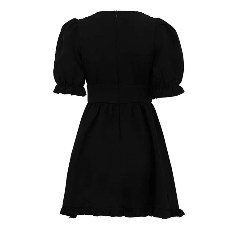 Black dress with puff sleeves on a white background