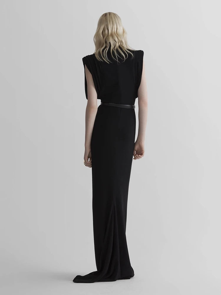 Black turtleneck padded shoulder maxi dress back view