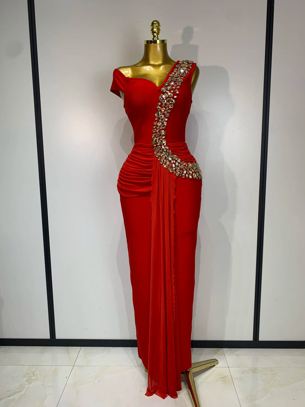 Red embellished one-shoulder dress front view