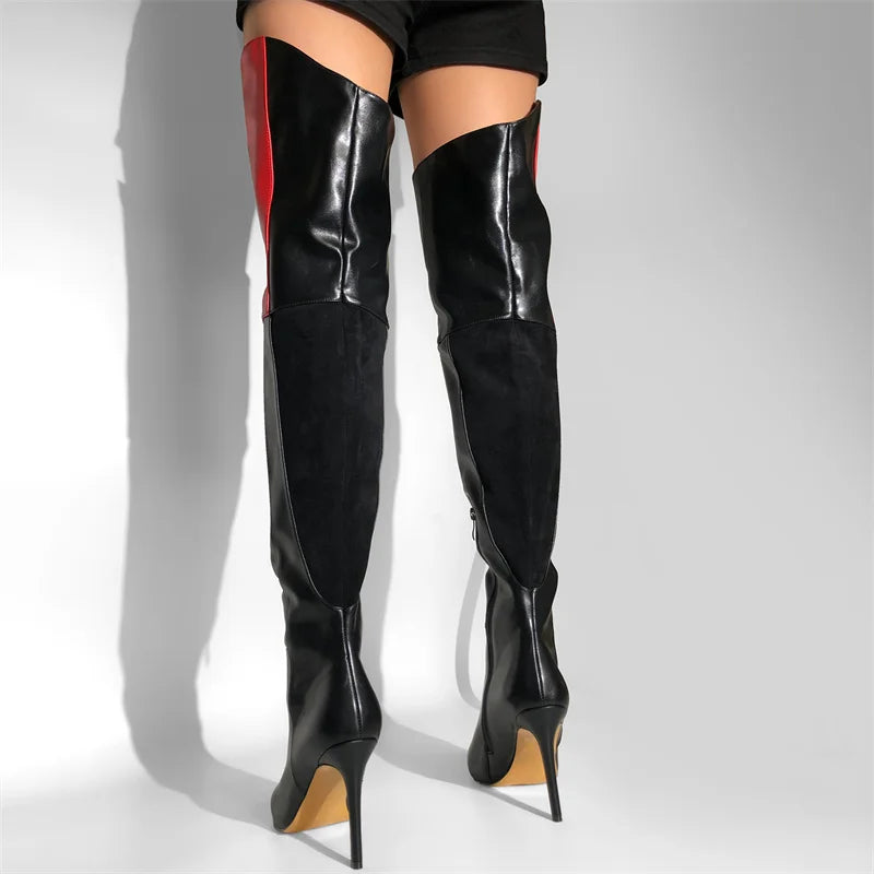 Black and red patchwork pointed toe over the knee boots