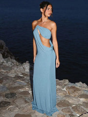 Light Blue Halter Skew Collar Hollow Out Backless Long Dress