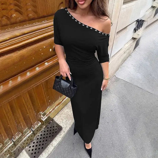 Black one-shoulder ruched maxi dress